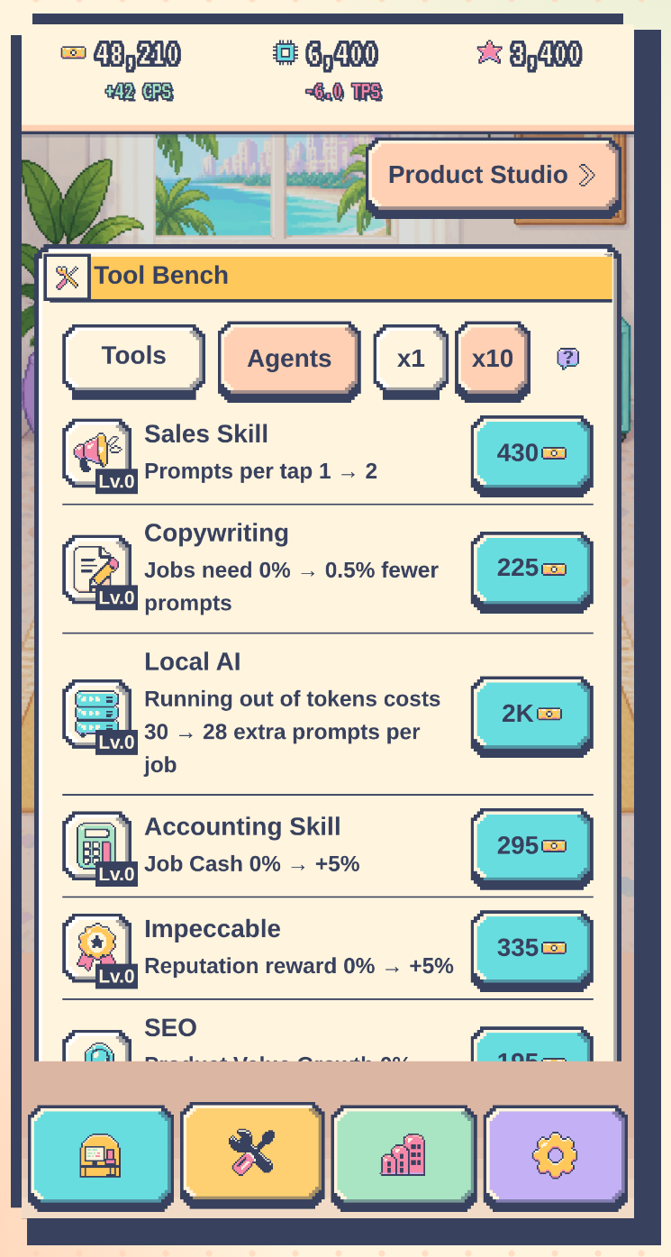 The Tool Bench showing upgrades with prices